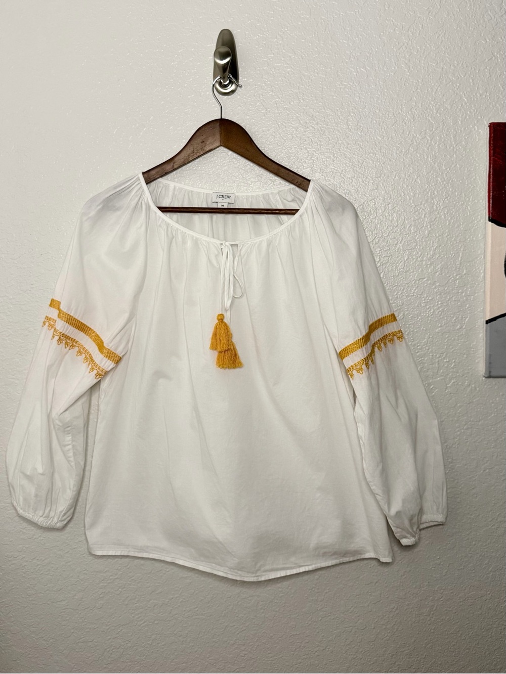 J.Crew White Mustard Tassel Embroidered Peasant Blouse Size M